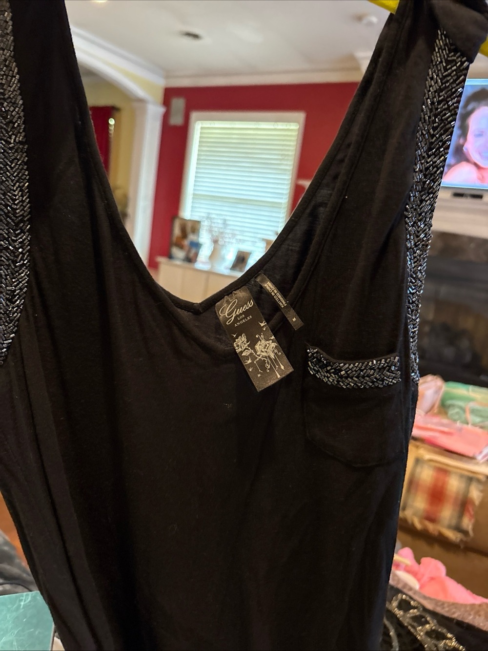 Guess Black Tank with Iridescent Beaded Accent